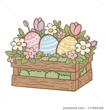 Rustic wooden crate filled with decorated Easter eggs tulips and spring flowers cottagecore Easter garden illustration cute spring clipart for cards stickers Rustic wooden crate filled with decorated Easter eggs tulips and spring flowers cottagecore Easter garden illustration cute spring clipart for cards stickers 137669106
