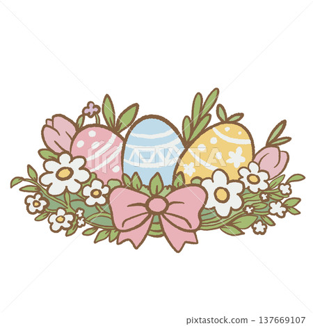 Decorated Easter eggs with spring flowers and ribbon cute spring floral arrangement illustration Easter decoration clipart for greeting cards invitations and stickers Decorated Easter eggs with spring flowers and ribbon cute spring floral arrangement illustration Easter decoration clipart for greeting cards invitations and stickers 137669107