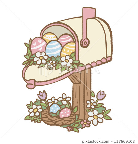 Cute Easter mailbox filled with decorated eggs spring garden illustration cottagecore Easter decoration clipart for greeting cards invitations stickers and planners Cute Easter mailbox filled with decorated eggs spring garden illustration cottagecore Easter decoration clipart for greeting cards invitations stickers and planners 137669108