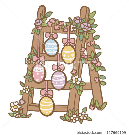 Rustic wooden ladder decorated with hanging Easter eggs flowers and bows spring Easter illustration cottagecore decoration clipart for cards invitations and stickers Rustic wooden ladder decorated with hanging Easter eggs flowers and bows spring Easter illustration cottagecore decoration clipart for cards invitations and stickers 137669109