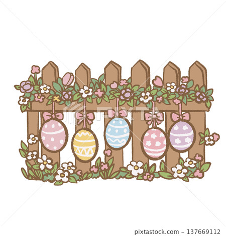 Spring wooden picket fence decorated with hanging Easter eggs bows and flowers cute cottagecore Easter garden illustration clipart for invitations Spring wooden picket fence decorated with hanging Easter eggs bows and flowers cute cottagecore Easter garden illustration clipart for invitations 137669112