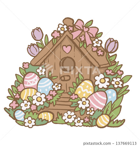 Spring Easter birdhouse surrounded by flowers and decorated eggs cute garden illustration cottagecore Easter decoration clipart for invitations cards and stickers Spring Easter birdhouse surrounded by flowers and decorated eggs cute garden illustration cottagecore Easter decoration clipart for invitations cards and stickers 137669113