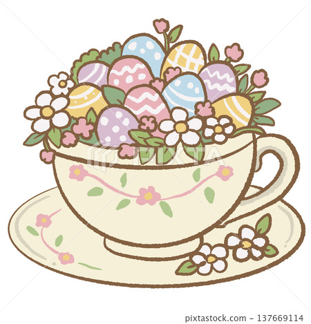 Floral teacup filled with pastel Easter eggs spring flowers cottagecore Easter tea cup illustration cute spring decoration clipart for cards stickers Floral teacup filled with pastel Easter eggs spring flowers cottagecore Easter tea cup illustration cute spring decoration clipart for cards stickers 137669114
