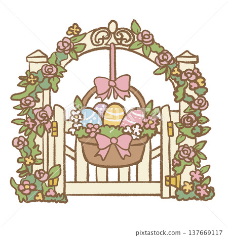 Floral Easter garden gate with hanging basket of decorated eggs spring cottage garden illustration cute Easter decoration clipart for invitations cards and stickers Floral Easter garden gate with hanging basket of decorated eggs spring cottage garden illustration cute Easter decoration clipart for invitations cards and stickers 137669117