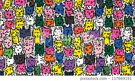 Bright cartoon cats in bold colors create a lively, whimsical wallpaper pattern full of playful charm. Bright cartoon cats in bold colors create a lively, whimsical wallpaper pattern full of playful charm. 137669191
