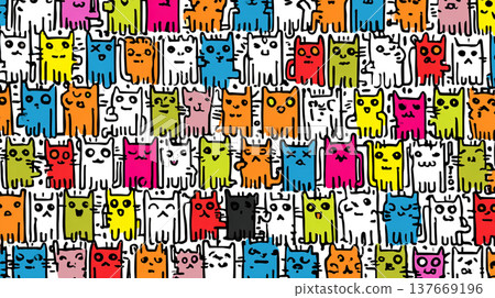 Bright cartoon cats in bold colors create a lively, whimsical wallpaper pattern full of playful charm. Bright cartoon cats in bold colors create a lively, whimsical wallpaper pattern full of playful charm. 137669196