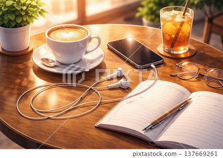 音樂系列：在咖啡館戴著耳機聆聽輕鬆的背景音樂 137669261