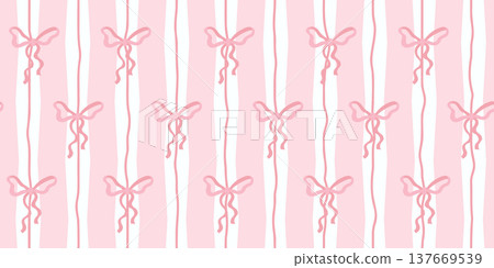 Seamless pattern with pink bows on a striped background. Simple festive background, print. Seamless pattern with pink bows on a striped background. Simple festive background, print. 137669539