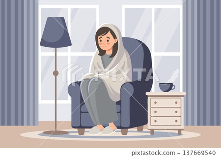 Sad woman in blanket sitting in armchair and drinking a hot drink. Concept of illness, sickness, cold, flu, fever. 137669540