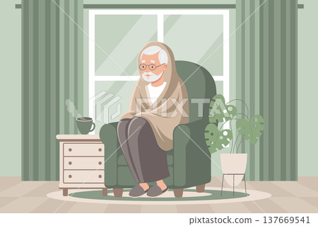 Sad senior man in blanket sitting in armchair and drinking a hot drink. Concept of illness, sickness, cold, flu, fever. Illustration. Sad senior man in blanket sitting in armchair and drinking a hot drink. Concept of illness, sickness, cold, flu, fever. Illustration. 137669541