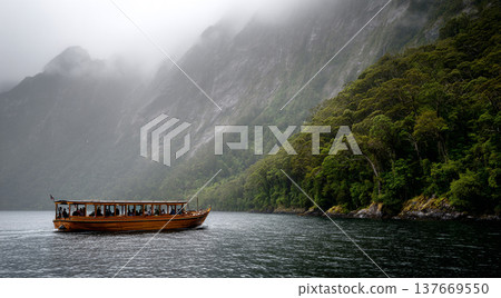 A vintage wooden cruise boat navigates a calm river surrounded by lush green forests and towering, mist-shrouded mountains under a moody, overcast sky. 137669550
