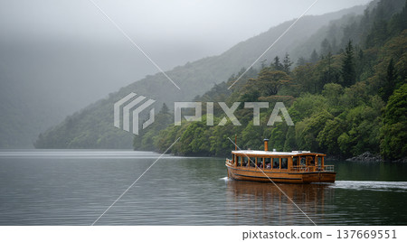 A vintage wooden cruise boat navigates a calm river surrounded by lush green forests and towering, mist-shrouded mountains under a moody, overcast sky. 137669551