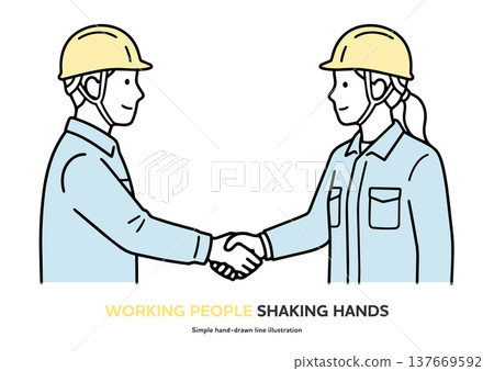 A hand-drawn line art illustration of a male and female worker, both wearing work clothes and helmets, shaking hands. 137669592