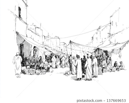 Hand-drawn black and white ink sketch depicting a crowded Moroccan bazaar. People in traditional attire walk through a narrow street lined with ancient buildings and market stalls. 137669653