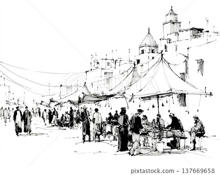 Hand-drawn black and white ink sketch depicting a crowded Moroccan bazaar. People in traditional attire walk through a narrow street lined with ancient buildings and market stalls. 137669658