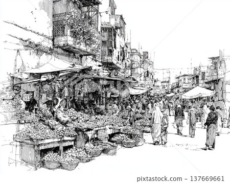 Hand-drawn black and white ink sketch depicting a crowded Moroccan bazaar. People in traditional attire walk through a narrow street lined with ancient buildings and market stalls. Hand-drawn black and white ink sketch depicting a crowded Moroccan bazaar. People in traditional attire walk through a narrow street lined with ancient buildings and market stalls. 137669661