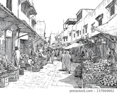 Hand-drawn black and white ink sketch depicting a crowded Moroccan bazaar. People in traditional attire walk through a narrow street lined with ancient buildings and market stalls. Hand-drawn black and white ink sketch depicting a crowded Moroccan bazaar. People in traditional attire walk through a narrow street lined with ancient buildings and market stalls. 137669662