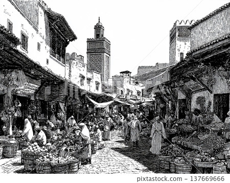 Hand-drawn black and white ink sketch depicting a crowded Moroccan bazaar. People in traditional attire walk through a narrow street lined with ancient buildings and market stalls. Hand-drawn black and white ink sketch depicting a crowded Moroccan bazaar. People in traditional attire walk through a narrow street lined with ancient buildings and market stalls. 137669666