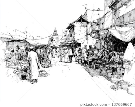 Hand-drawn black and white ink sketch depicting a crowded Moroccan bazaar. People in traditional attire walk through a narrow street lined with ancient buildings and market stalls. Hand-drawn black and white ink sketch depicting a crowded Moroccan bazaar. People in traditional attire walk through a narrow street lined with ancient buildings and market stalls. 137669667