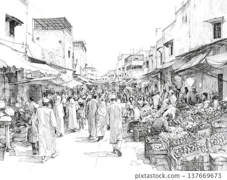 Hand-drawn black and white ink sketch depicting a crowded Moroccan bazaar. People in traditional attire walk through a narrow street lined with ancient buildings and market stalls. Hand-drawn black and white ink sketch depicting a crowded Moroccan bazaar. People in traditional attire walk through a narrow street lined with ancient buildings and market stalls. 137669673