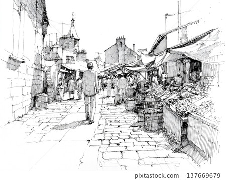 Hand-drawn black and white ink sketch depicting a crowded Moroccan bazaar. People in traditional attire walk through a narrow street lined with ancient buildings and market stalls. 137669679