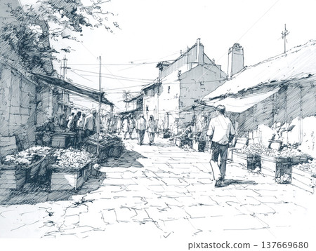 Hand-drawn black and white ink sketch depicting a crowded Moroccan bazaar. People in traditional attire walk through a narrow street lined with ancient buildings and market stalls. Hand-drawn black and white ink sketch depicting a crowded Moroccan bazaar. People in traditional attire walk through a narrow street lined with ancient buildings and market stalls. 137669680