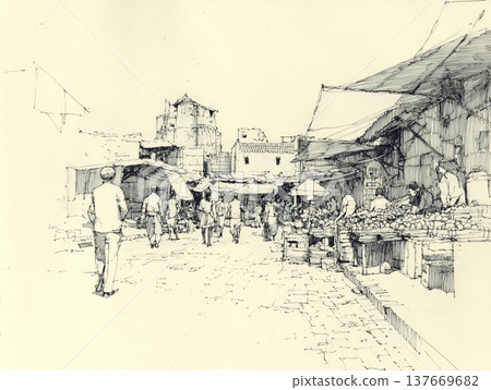 Hand-drawn black and white ink sketch depicting a crowded Moroccan bazaar. People in traditional attire walk through a narrow street lined with ancient buildings and market stalls. Hand-drawn black and white ink sketch depicting a crowded Moroccan bazaar. People in traditional attire walk through a narrow street lined with ancient buildings and market stalls. 137669682