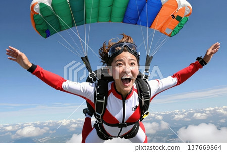 Thrilling skydiving portrait of a joyful young Asian woman in jumpsuit and goggles, soaring with arms outstretched under a colorful parachute amid blue skies and clouds. 137669864