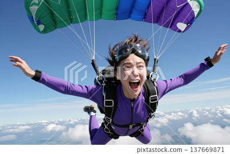 Thrilling skydiving portrait of a joyful young Asian woman in jumpsuit and goggles, soaring with arms outstretched under a colorful parachute amid blue skies and clouds. 137669871