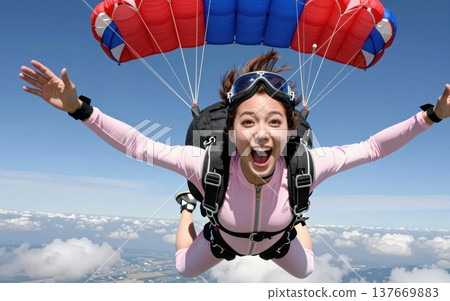 Thrilling skydiving portrait of a joyful young Asian woman in jumpsuit and goggles, soaring with arms outstretched under a colorful parachute amid blue skies and clouds. 137669883