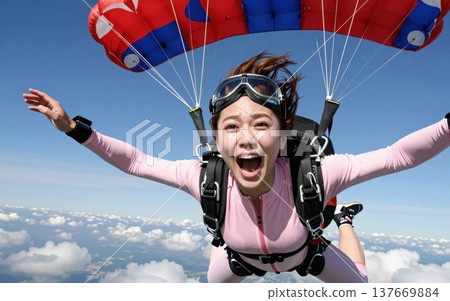 Thrilling skydiving portrait of a joyful young Asian woman in jumpsuit and goggles, soaring with arms outstretched under a colorful parachute amid blue skies and clouds. 137669884