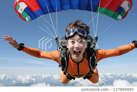 Thrilling skydiving portrait of a joyful young Asian woman in jumpsuit and goggles, soaring with arms outstretched under a colorful parachute amid blue skies and clouds. 137669885
