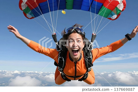 Thrilling skydiving portrait of a joyful young Asian woman in jumpsuit and goggles, soaring with arms outstretched under a colorful parachute amid blue skies and clouds. 137669887
