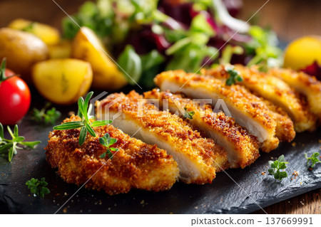 A vibrant, high-definition close-up of golden breaded chicken cutlets served with roasted potatoes and a fresh tomato salad on a dark plate, featuring a shallow depth of field. 137669991
