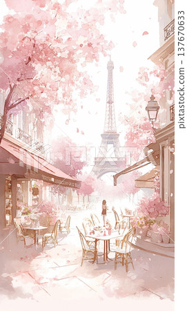 Springtime in Paris brings cherry blossoms and a view of the Eiffel Tower near a cafe with empty tables and a lone figure walking Springtime in Paris brings cherry blossoms and a view of the Eiffel Tower near a cafe with empty tables and a lone figure walking 137670633