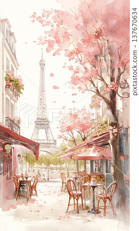 People enjoy a sunny day at a cafe near the Eiffel Tower with blooming cherry trees in springtime Paris People enjoy a sunny day at a cafe near the Eiffel Tower with blooming cherry trees in springtime Paris 137670634