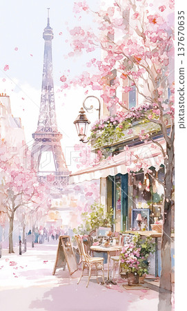 Blossoming trees near a cafe in Paris with the Eiffel Tower in the background during springtime Blossoming trees near a cafe in Paris with the Eiffel Tower in the background during springtime 137670635