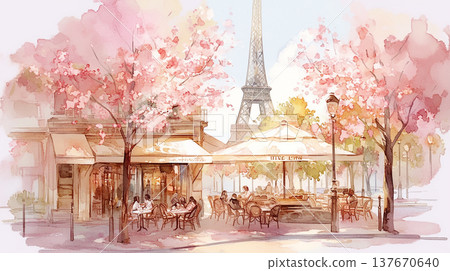 People enjoy coffee at a cafe under cherry blossoms near the Eiffel Tower in Paris during springtime 137670640