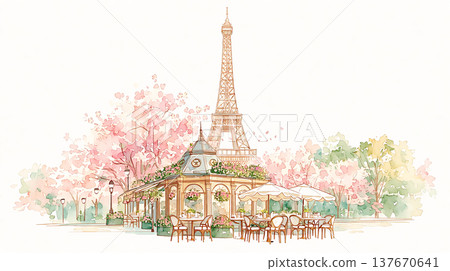 People enjoy time at a cafe near the Eiffel Tower with cherry blossoms in spring People enjoy time at a cafe near the Eiffel Tower with cherry blossoms in spring 137670641