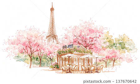 Lovely scene of a cafe under cherry blossom trees near the Eiffel Tower in spring in Paris, with tables set out for customers Lovely scene of a cafe under cherry blossom trees near the Eiffel Tower in spring in Paris, with tables set out for customers 137670642