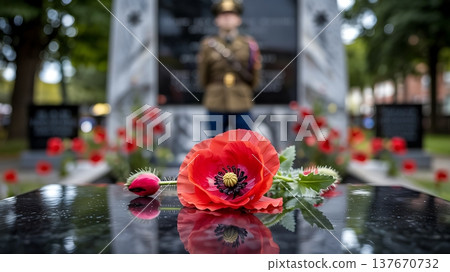 Red Poppy Flower Symbolizing Remembrance with Soldier in Background 137670732