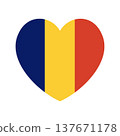 Chad heart shaped country flag icon. Chad National flag sticker in heart shape. Republic of Chad flag badge, button, banner, backdrop. 137671178