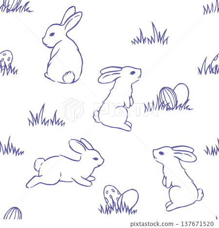 Cute Easter pattern with bunnies and eggs in vintage style. Vector doodle illustration. Cute Easter pattern with bunnies and eggs in vintage style. Vector doodle illustration. 137671520