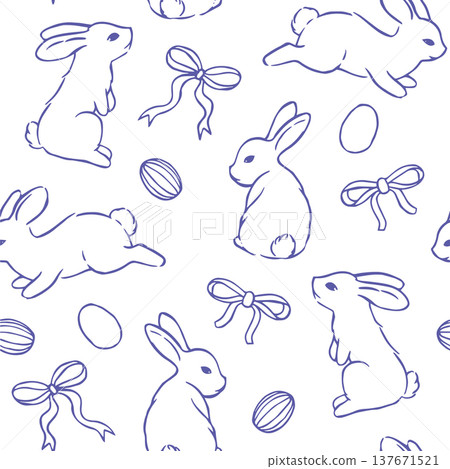 Cute Easter pattern with bunnies, bows, and ribbons in vintage style. Vector doodle illustration. Cute Easter pattern with bunnies, bows, and ribbons in vintage style. Vector doodle illustration. 137671521
