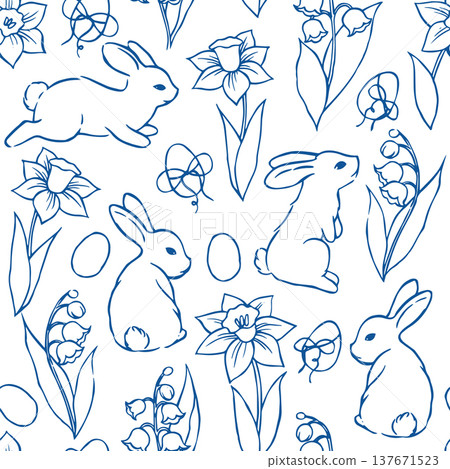 Cute Easter pattern with bunnies and flowers in vintage style. Vector doodle illustration. 137671523