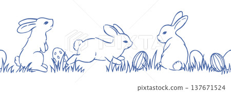 Cute Easter seamless border with bunnies and eggs in vintage style. Vector doodle illustration. 137671524