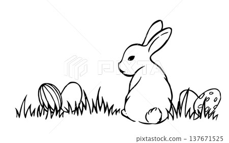 Cute Easter border with bunnies and eggs in vintage style. Vector doodle illustration. 137671525