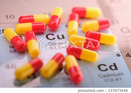 Colorful capsules resting on a periodic table, signifying the importance of copper and health in a science-themed setting Colorful capsules resting on a periodic table, signifying the importance of copper and health in a science-themed setting 137671646