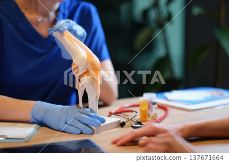 Discussing knee health with a model during a medical consultation in a calm clinic atmosphere Discussing knee health with a model during a medical consultation in a calm clinic atmosphere 137671664