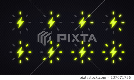 Neon electricity burst icons with glowing lightning symbol and animated rays. Bright energy effect elements on transparent background. Perfect for power highlights Neon electricity burst icons with glowing lightning symbol and animated rays. Bright energy effect elements on transparent background. Perfect for power highlights 137671736